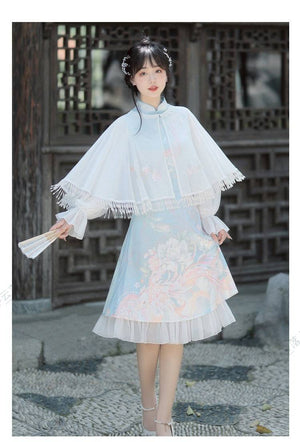 Feihua Hanfu Cheongsam Dress in blue with embroidered cape and pleated skirt, perfect for elegant daily or occasion wear.
