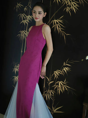 "Rose Hairpin" Dragon Fruit Color Piece Cheongsam Bridal Wedding Dress Engagement - Yandan_Hanfu