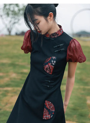 New Chinese style retro sweet and cool bubble sleeve jacquard contrasting color splicing skirt - Yandan_Hanfu