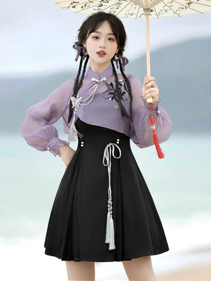 Iris ink butterfly girl exquisite fringed Han element sweet purple cheongsam fairy dress - Yandan_Hanfu
