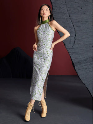 Retro jacquard sleeveless long cheongsam - Yandan_Hanfu