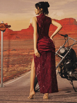 【Rebellious】 Red dress new Chinese cheongsam lace dress waist split stand-up collar Spice girl dress - Yandan_Hanfu