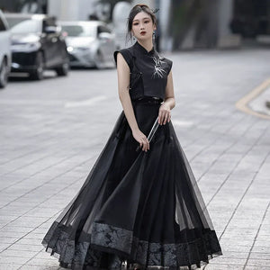 Oriental Grace – Hanfu-Inspired Set | Embroidered Bamboo Tassel Vest with Qipao Collar Top & Mamian Skirt - Yandan_Hanfu