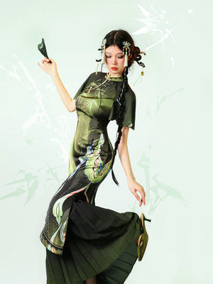 Verdant Sky Qipao – Black-Green Ombre Satin Cheongsam with Artistic Floral Print - Yandan_Hanfu