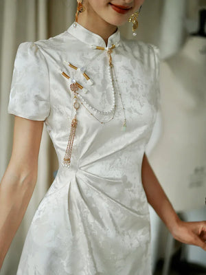 "Kite Butterfly" White Jacquard Cheongsam Bridal Toast Dress Engagement Dress - Yandan_Hanfu