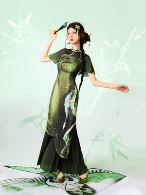 Verdant Sky Qipao – Black-Green Ombre Satin Cheongsam with Artistic Floral Print - Yandan_Hanfu
