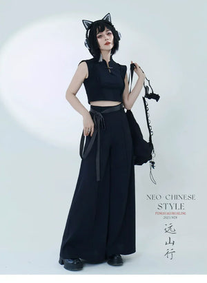 Tied Harmony – Unisex Wide-Leg Pants | New Chinese Style High-Waist Pleated Trousers with Belted Design - Yandan_Hanfu