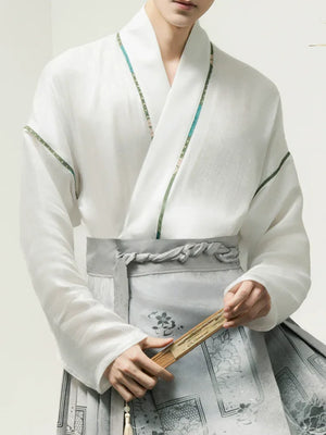 Unisex Modern Grey Hanfu Set – Cross-Collar Jacket with Brocade Ma Mian Skirt - Yandan_Hanfu
