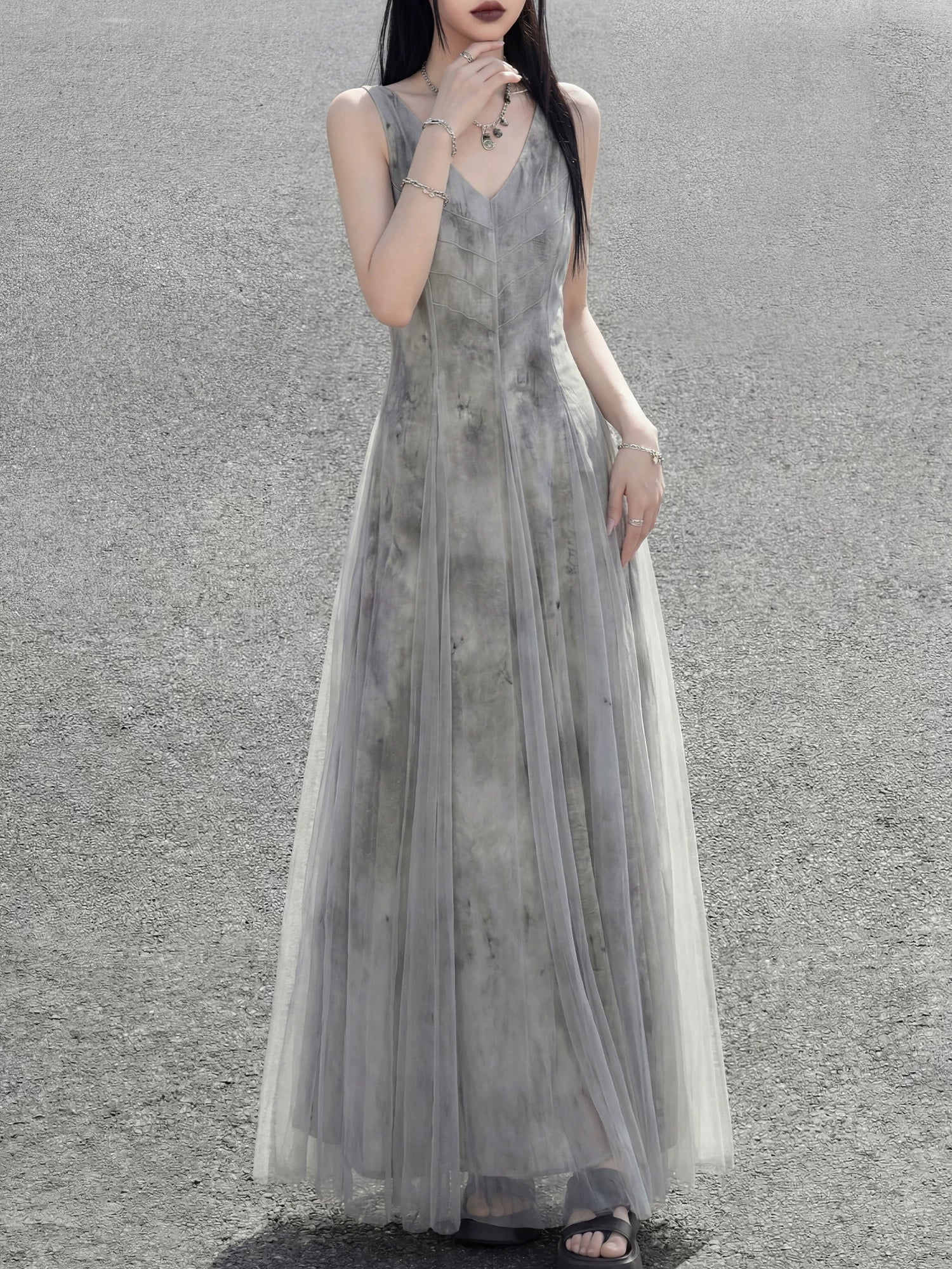 Misty rain ink mesh dress, sleeveless V-neck versatile vacation temperament skirt suspender skirt women