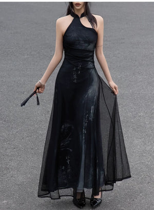 Iris Shadow – Sleeveless Grey Ombre Qipao | New Chinese Style Knitted A-Line Maxi Dress - Yandan_Hanfu