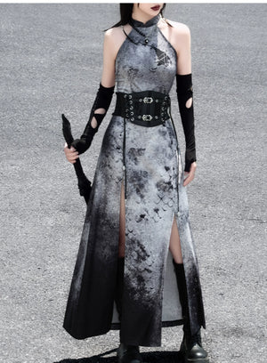 蛇魅 · Wasteland Gray Cheongsam – Split Hem, Off-Shoulder, New Chinese Style - Yandan_Hanfu