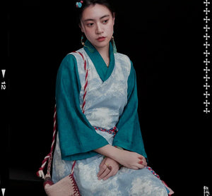 Ink-Dye V-Neck A-Line Dress – Modern Hanfu Silhouette with Tibetan-Inspired Details - Yandan_Hanfu