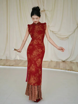 Lotus Step – Red Mermaid Qipao for Wedding, Engagement & Tea Ceremony - Yandan_Hanfu