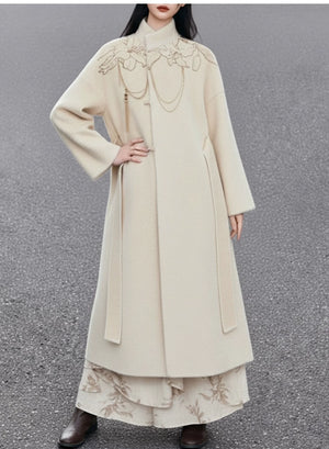Lily Whisper – White Long Coat | Ivory Embroidered Warm High-Neck Outerwear for Everyday Elegance - Yandan_Hanfu