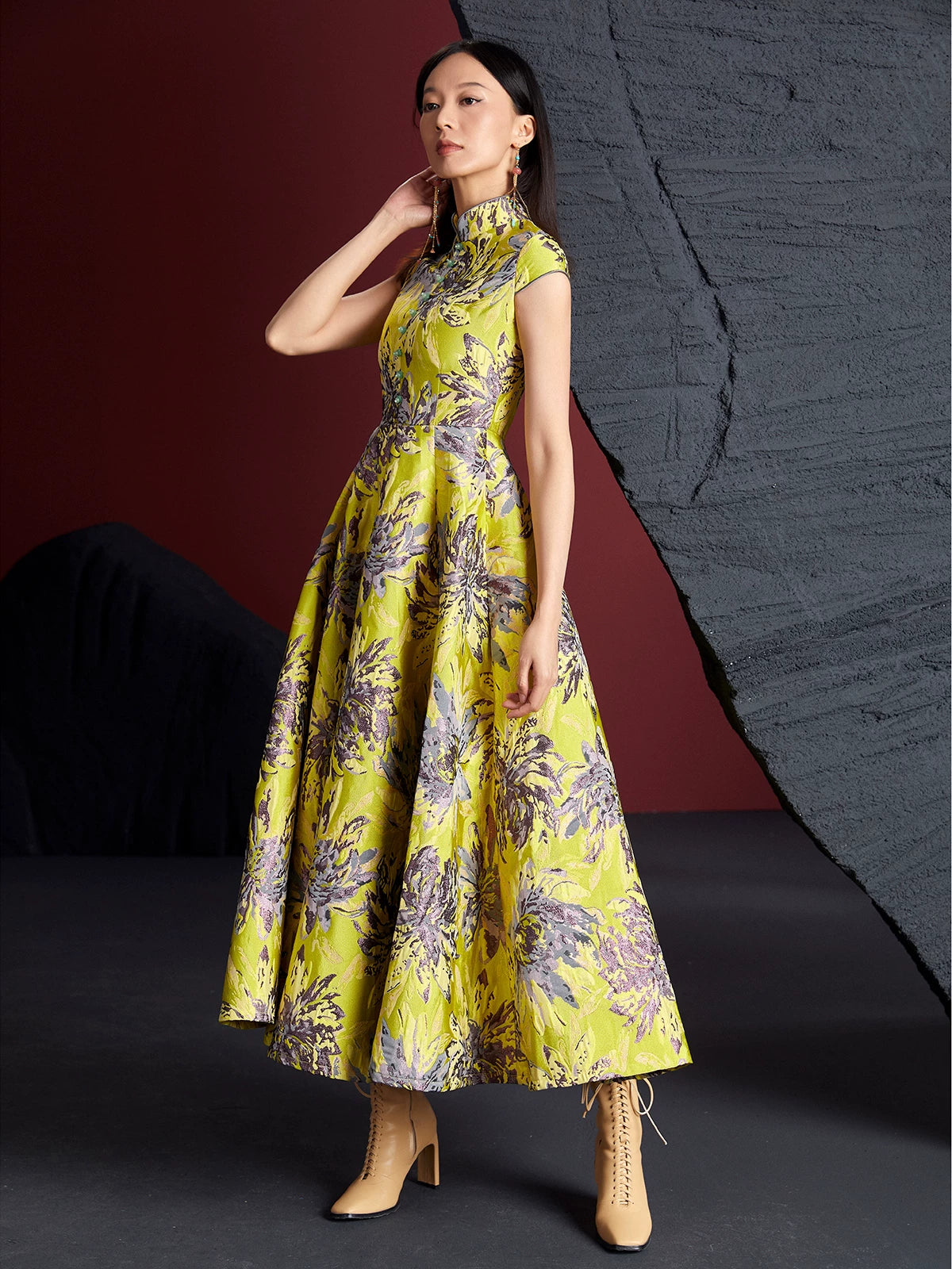 Yellow Dyed Bamboo Cheongsam Dress | New Chinese Brocade Swing Dress