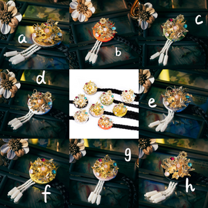 Grid of Korean traditional ethnic headgear styles labeled A to H, each with gold floral designs, colorful gems, and pearl tassels.