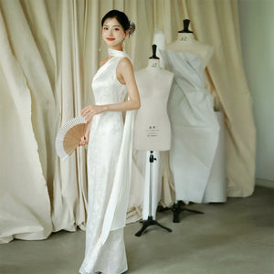 "Pianrou" White Jacquard Ribbon Morning Gown Knot Bridal Toast Dress Engagement Banquet Bar Mitzvah - Yandan_Hanfu