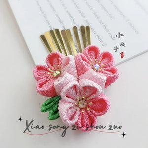 Sakura fine work hairpin 4-piece set Japanese kimono yukata with headdress Lolita pink ancient Japanese style cherry tea - Yandan_Hanfu