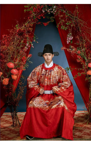 Ming-Dynasty wedding clothes round neck robe men's stand-up collar large-sleeved jacket Xiacheng horse face skirt women's Hanfu - Yandan_Hanfu