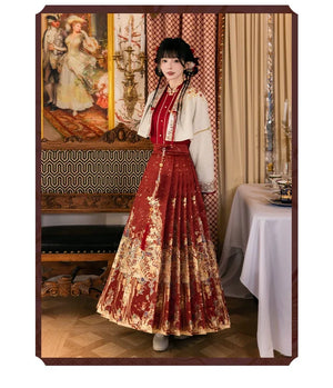 Lantern Banquet Red Hanfu Set – Women's Wedding Outfit with Woven Gold Mamian Skirt, New Chinese Style - Yandan_Hanfu