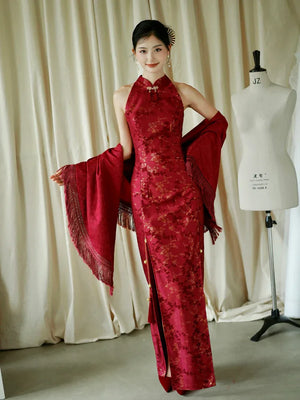 "Jubilee Bell" Red Cheongsam Shawl Bridal Toast Engagement Dress - Yandan_Hanfu
