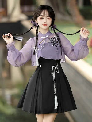 Iris ink butterfly girl exquisite fringed Han element sweet purple cheongsam fairy dress - Yandan_Hanfu
