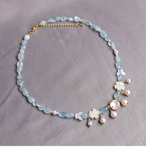 Butterfly Shell & Aquamarine Pearl Necklace – Hanfu Yingluo Accessory with Original Design - Yandan_Hanfu
