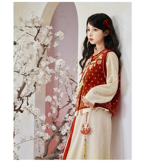 Sui’an – Winter Knit Set | Hanfu-Inspired Bijia Vest with Bow-Sleeve Top and Flowy Skirt - Yandan_Hanfu