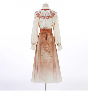 Maple Leaf Hanfu Women's New Chinese Style Daily Han Element Cloud Shoulder Top Three-pleated Skirt Set Spring - Yandan_Hanfu