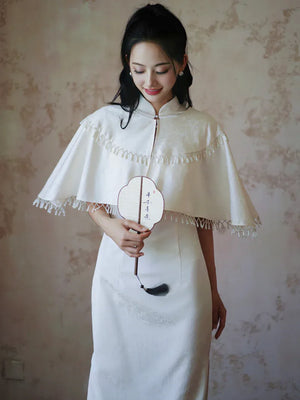 "Xi Zhu" White Dark Pattern Tassel Shawl Cheongsam Bride Wedding Dress Engagement - Yandan_Hanfu