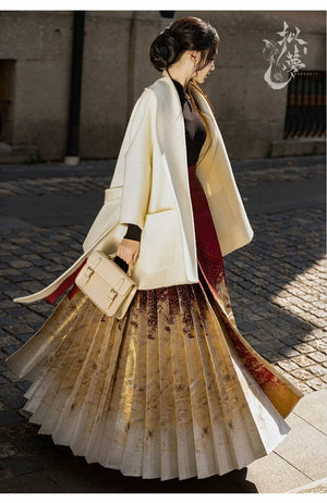 Lunar Spring River – Red Hanfu Maxi Skirt Set, New Chinese Style 6-Meter Hem Mamian Skirt with Knit Top & Wool Coat - Yandan_Hanfu