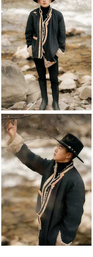 Heritage Tibetan Men's Winter Coat – Cotton Padded Jacket with Shearling Lining - Yandan_Hanfu