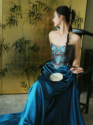 "Sparrow" Jacquard tube bride trailing wedding wedding dress toasting dress engagement - Yandan_Hanfu