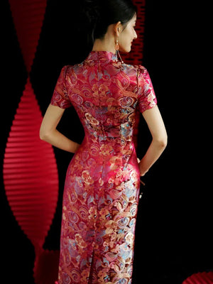 Yue Xi – Red Embroidered Jacquard Qipao for Wedding, Engagement & Tea Ceremony - Yandan_Hanfu
