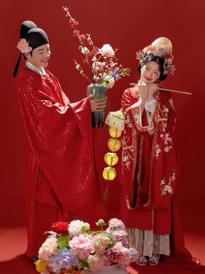 Red Song Dynasty Hanfu Chinese embroidery wedding clothes, happy marriage couple suit - Yandan_Hanfu