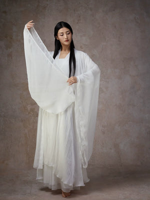 Graceful White Wide-Sleeve Chiffon Hanfu – Classical & Jazz Fusion Dance Dress - Yandan_Hanfu
