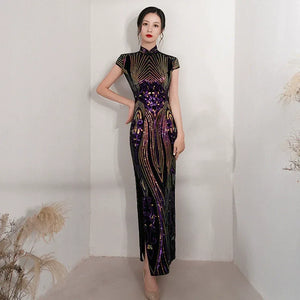Floral pattern, long jacquard silk-satin cheongsam - Yandan_Hanfu