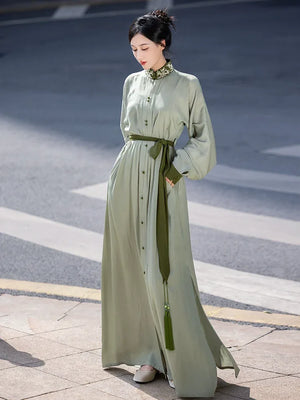 New Chinese style | Everyday stand-up collar dress shirt long skirt - Yandan_Hanfu