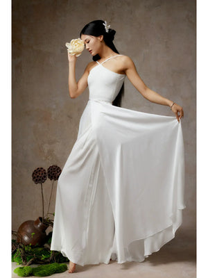 Elegant Solid Halter Maxi Dress – Flowing High-Slit Skirt for Dance & Evening Wear - Yandan_Hanfu
