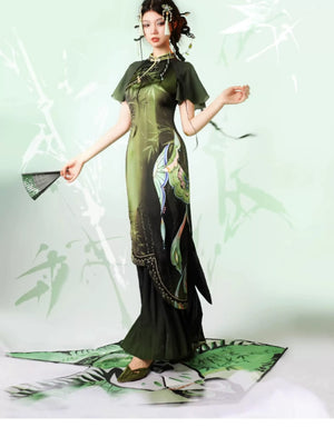 Verdant Sky Qipao – Black-Green Ombre Satin Cheongsam with Artistic Floral Print - Yandan_Hanfu