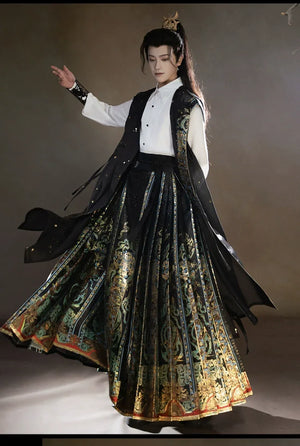 Unisex Hanfu Set – Inlaid Bronze-Inspired Brocade Horse-Face Skirt in Modern Chinese Style - Yandan_Hanfu