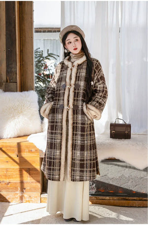 Amber Grace – Modern Hanfu Women's Autumn/Winter Set | Ming-Style Round-Collar Wool Coat with Plaid Song-Inspired Pants - Yandan_Hanfu