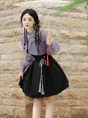 Iris ink butterfly girl exquisite fringed Han element sweet purple cheongsam fairy dress - Yandan_Hanfu