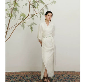 Realm of White – Yunshang Dress | Tibetan-Inspired New Chinese Style V-Neck White Gown - Yandan_Hanfu