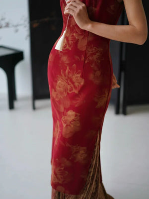 Lotus Step – Red Mermaid Qipao for Wedding, Engagement & Tea Ceremony - Yandan_Hanfu