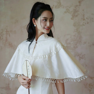 "Xi Zhu" White Dark Pattern Tassel Shawl Cheongsam Bride Wedding Dress Engagement - Yandan_Hanfu