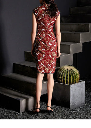 Button cheongsam pure cotton printed crane split skirt - Yandan_Hanfu