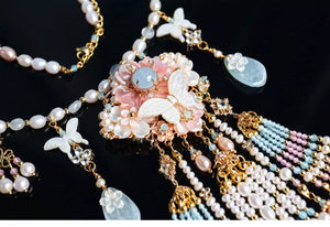 Butterfly Shell & Aquamarine Pearl Necklace – Hanfu Yingluo Accessory with Original Design - Yandan_Hanfu