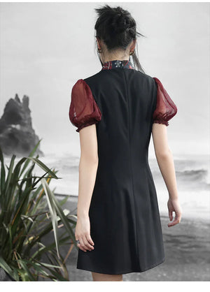 New Chinese style retro sweet and cool bubble sleeve jacquard contrasting color splicing skirt - Yandan_Hanfu