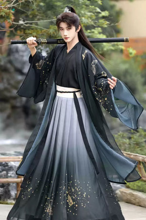 Golden Steps – Ink Bamboo & Butterfly Traditional Hanfu | Unisex Wei-Jin & Song Style Cross-Collar Wide-Sleeve Set - Yandan_Hanfu